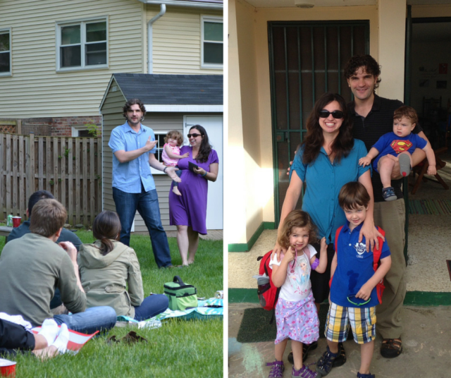 Speaking at the May 18 dinner (left) and earlier this month before a day at language school in San Jose (right). 